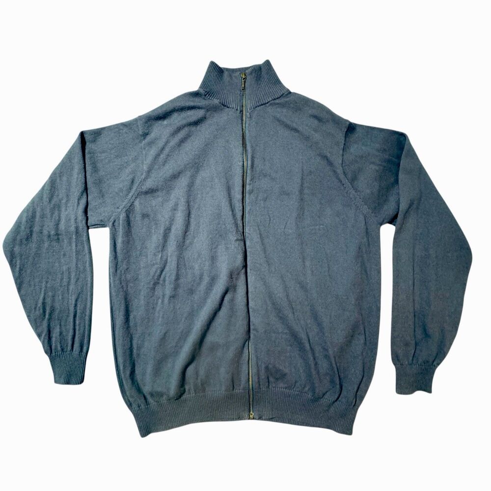 Mens Large Cotton Cashmere Mock Neck Zip Cardigan Navy Blue Smart Casual Basic